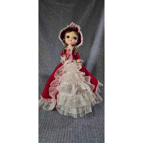 VINTAGE 1960s BRADLEY MUSIC BOX BIG EYED SOUTHERN BELLE DOLL PLAYS PAPER MACHE - Picture 1 of 13